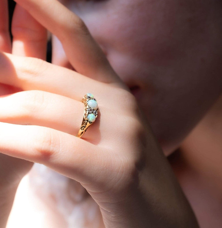 Victorian British Opal and Diamond Carved Half Hoop