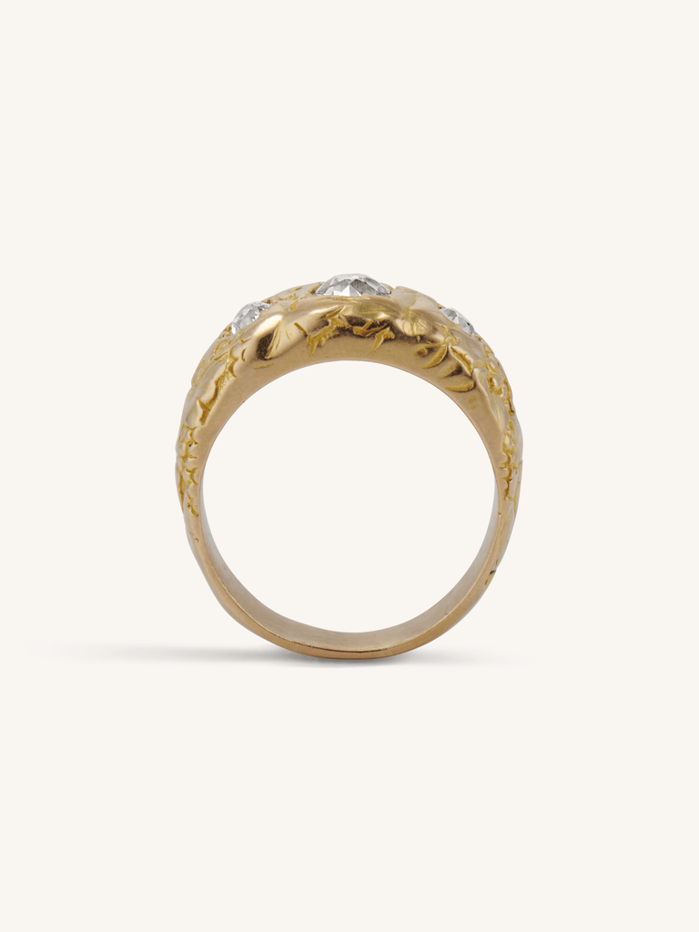 Victorian Carved Three Stone Antique Engagement Ring