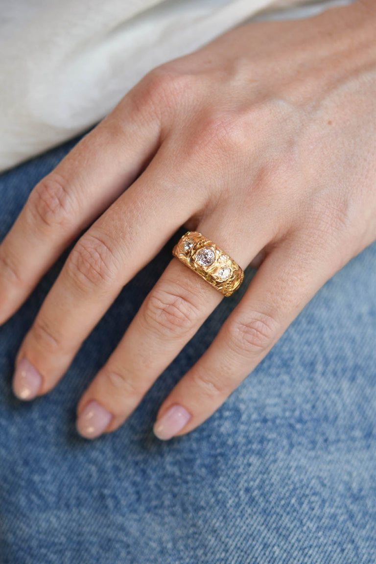 Victorian Carved Three Stone Antique Engagement Ring