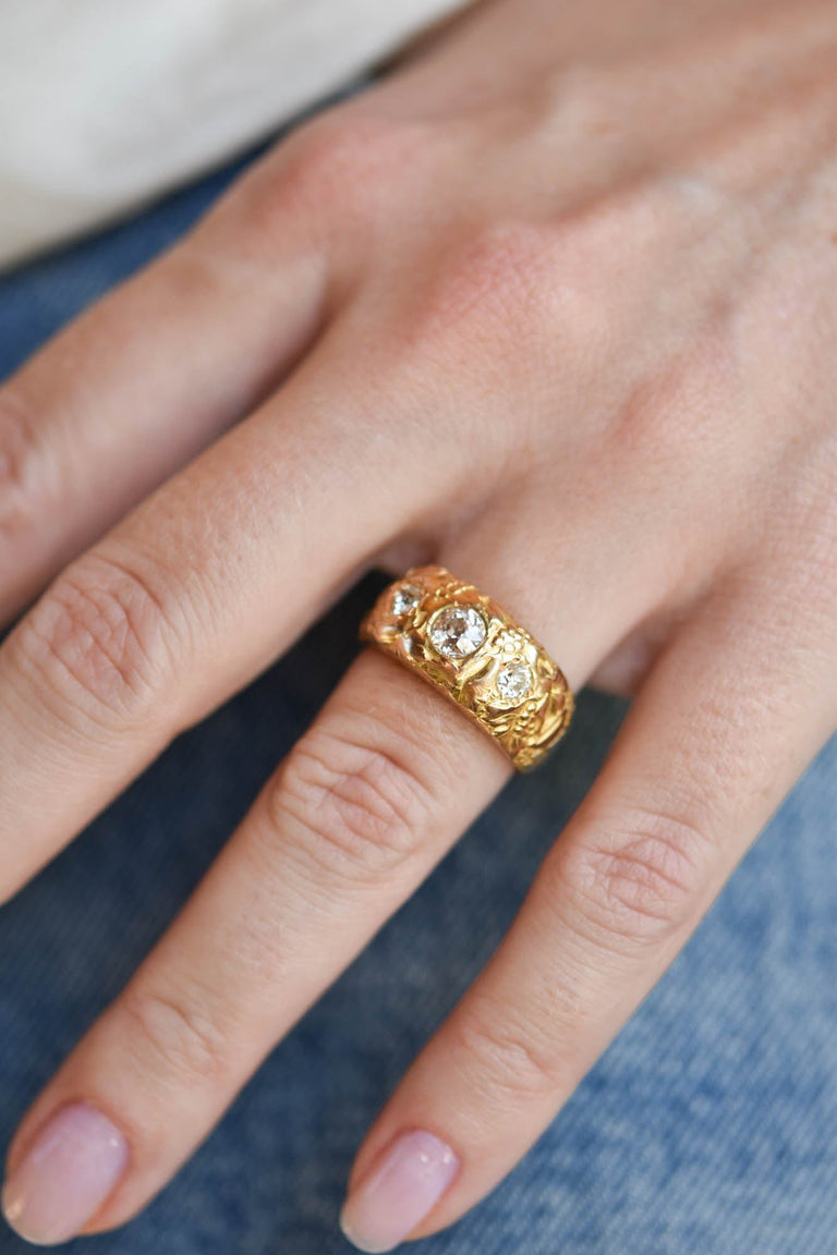 Victorian Carved Three Stone Antique Engagement Ring