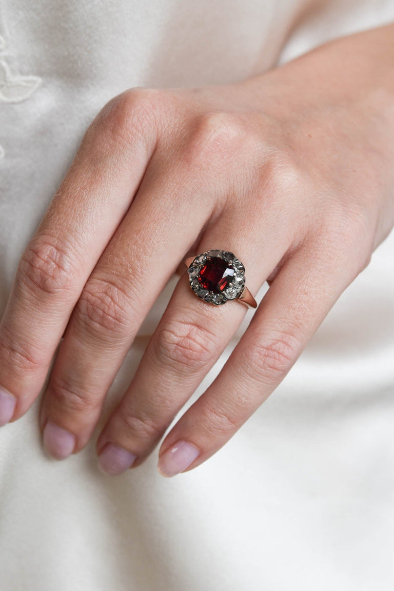 Victorian Cushion Cut Garnet & Rose Cut Diamond Antique Cluster Ring