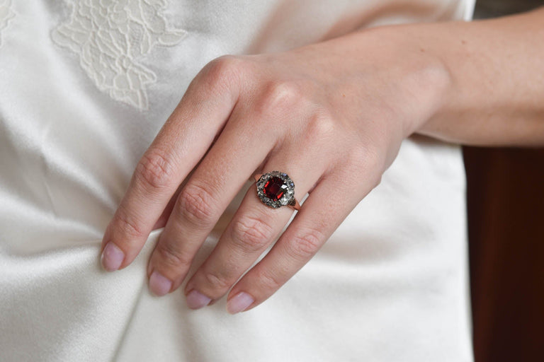 Victorian Cushion Cut Garnet & Rose Cut Diamond Antique Cluster Ring