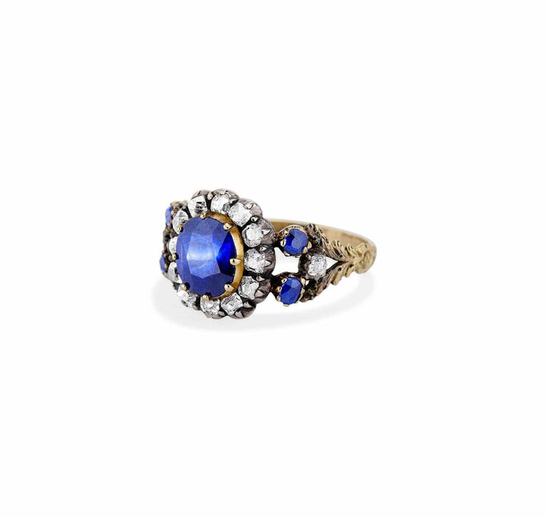 Victorian Cushion Sapphire & Diamond Two Tone Cluster