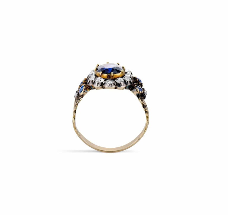 Victorian Cushion Sapphire & Diamond Two Tone Cluster