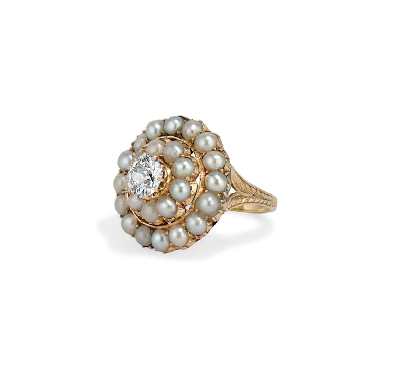 Victorian Diamond and Pearl Cluster Ring