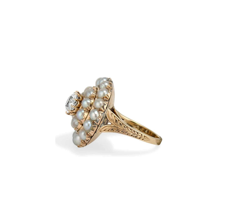 Victorian Diamond and Pearl Cluster Ring