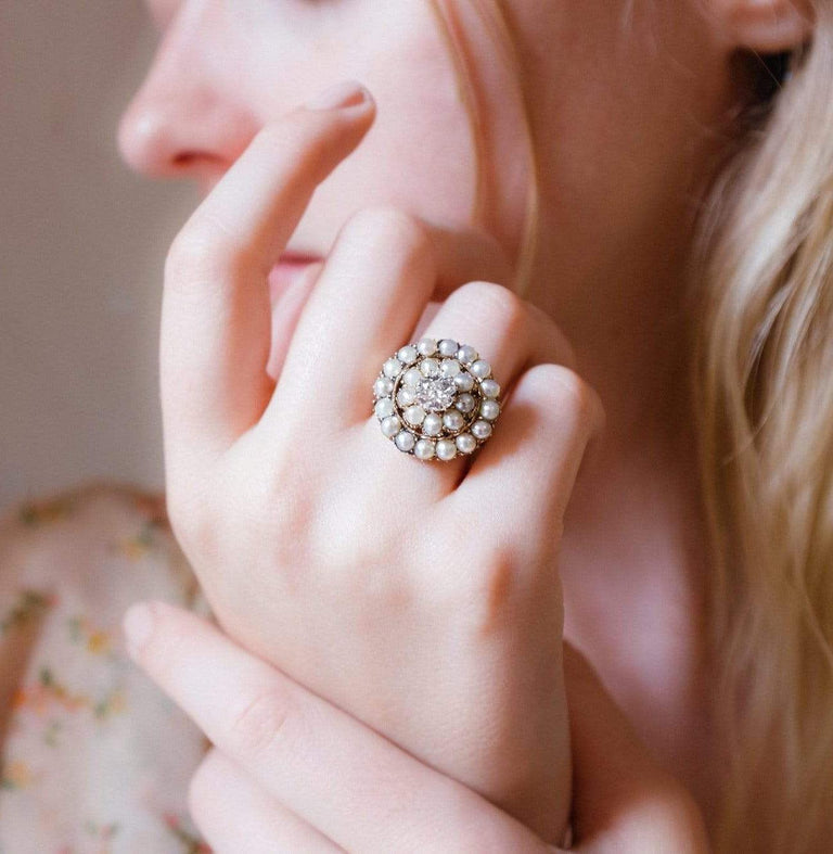 Victorian Diamond and Pearl Cluster Ring