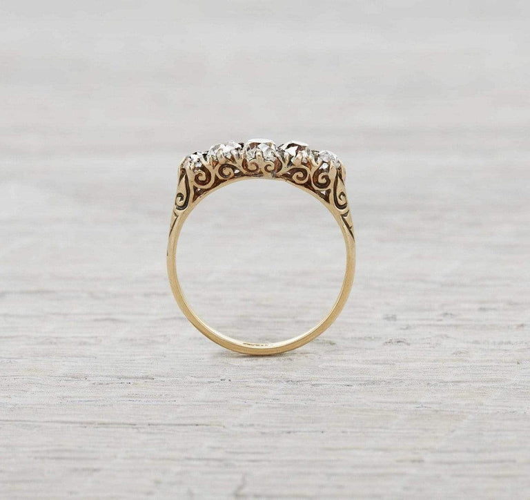 Victorian Diamond Carved Half Hoop Five Stone Engagement Ring