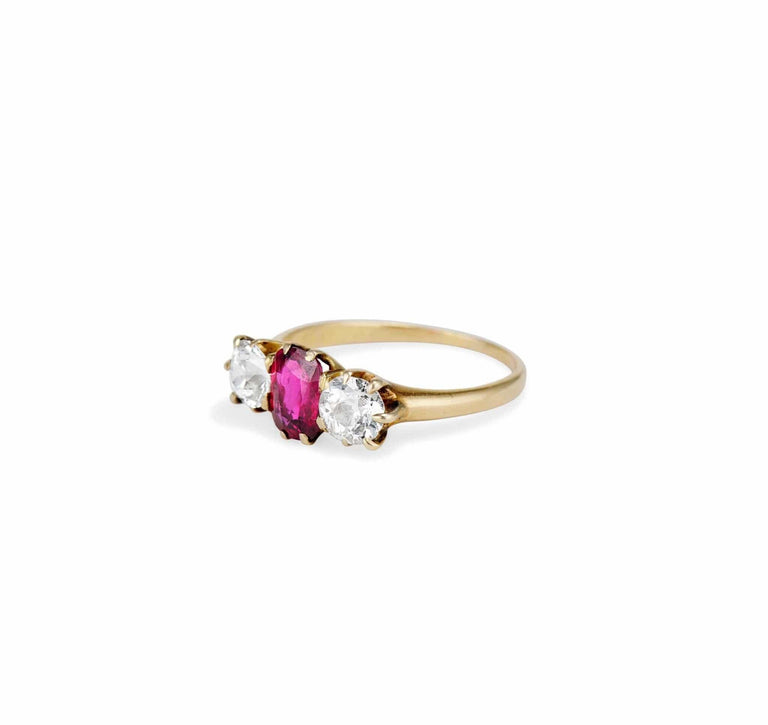 Victorian Diamond & Ruby Gold Three Stone Ring