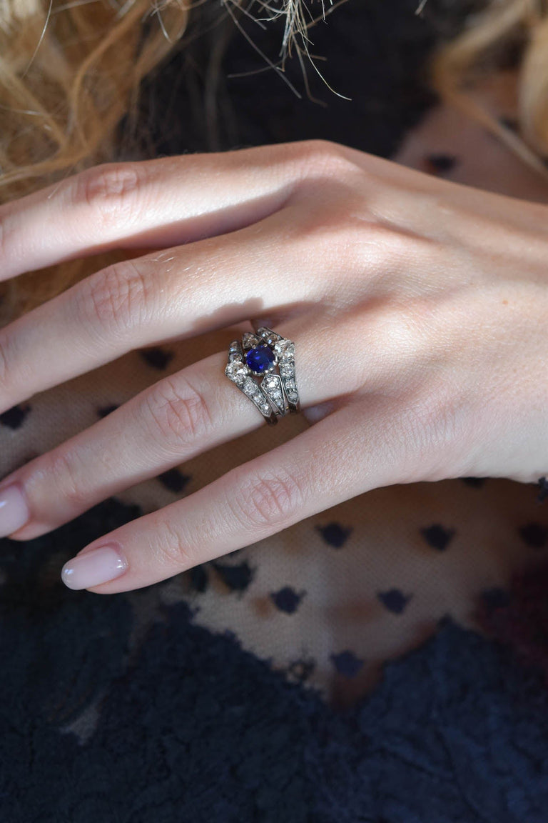 Victorian Diamond & Sapphire Tiered Antique Dinner Ring, France