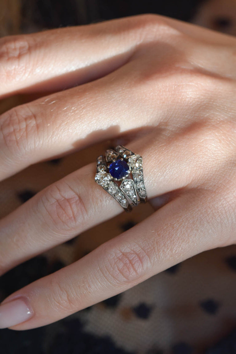 Victorian Diamond & Sapphire Tiered Antique Dinner Ring, France