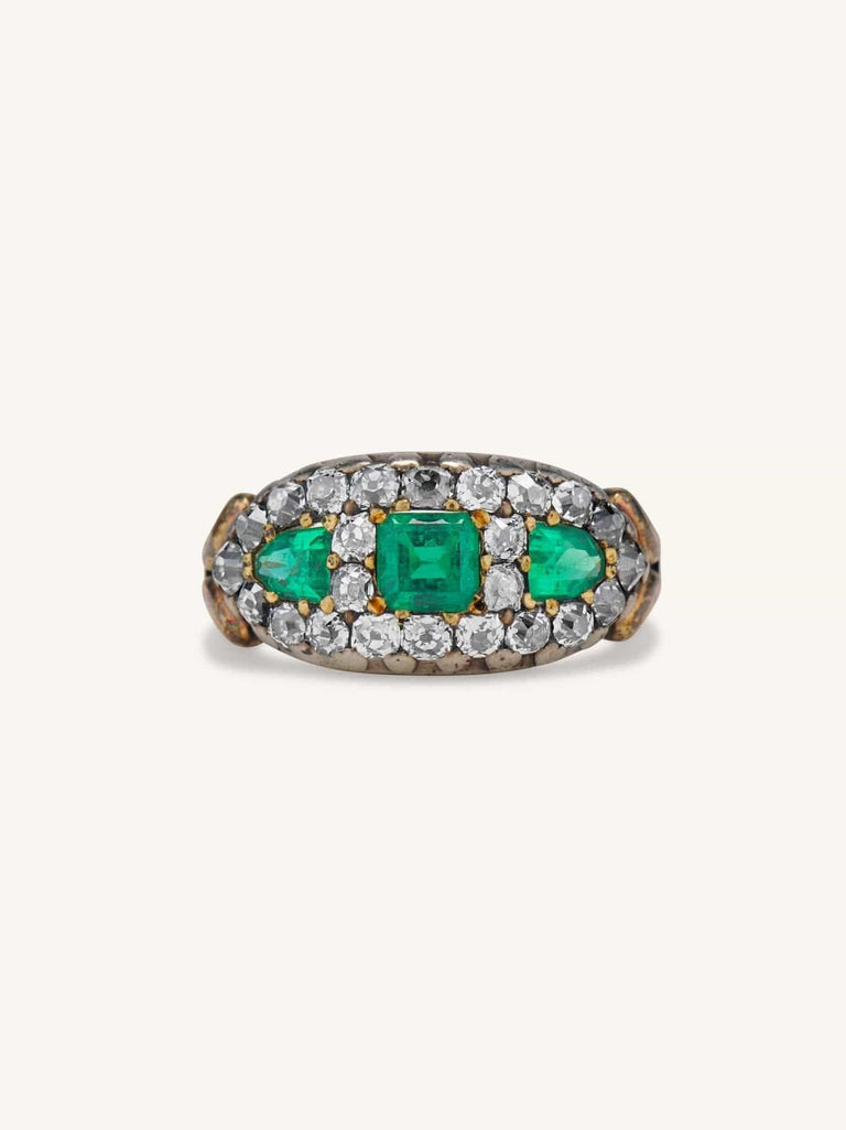 Victorian Three Stone Emerald & Diamond Ring