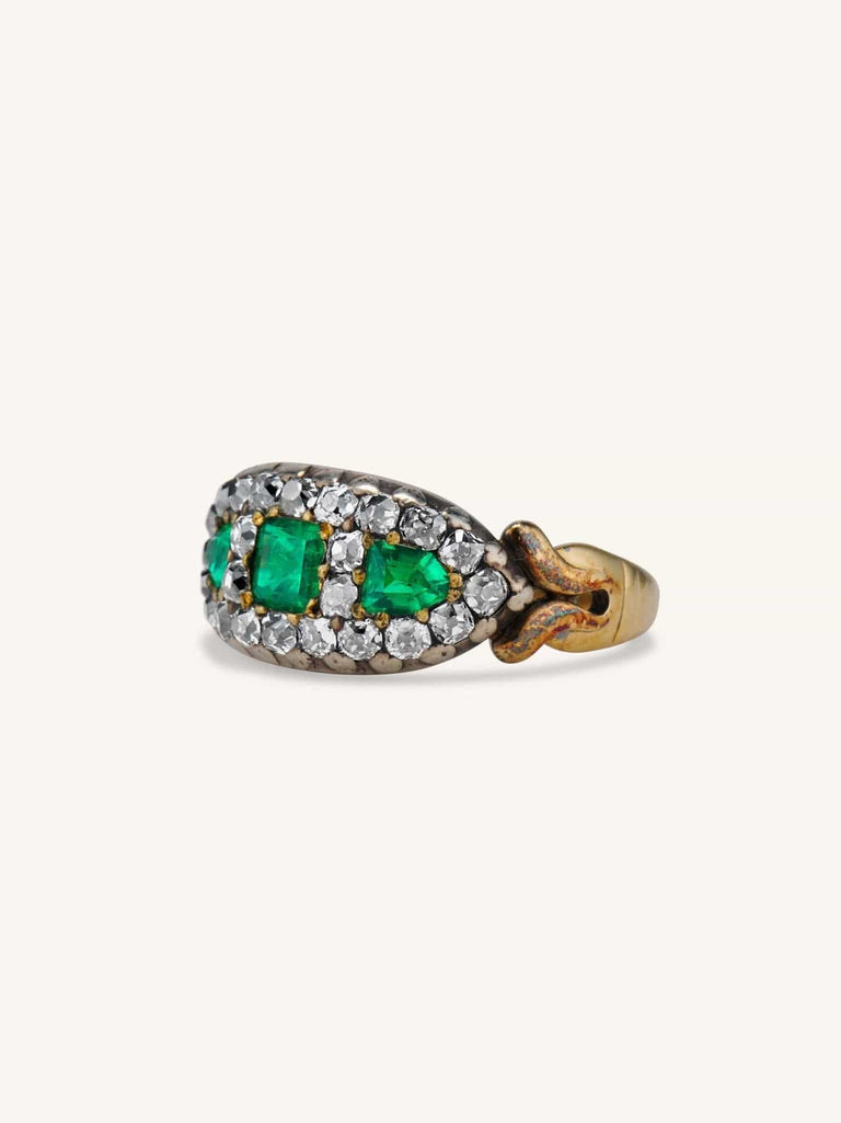 Victorian Three Stone Emerald & Diamond Ring