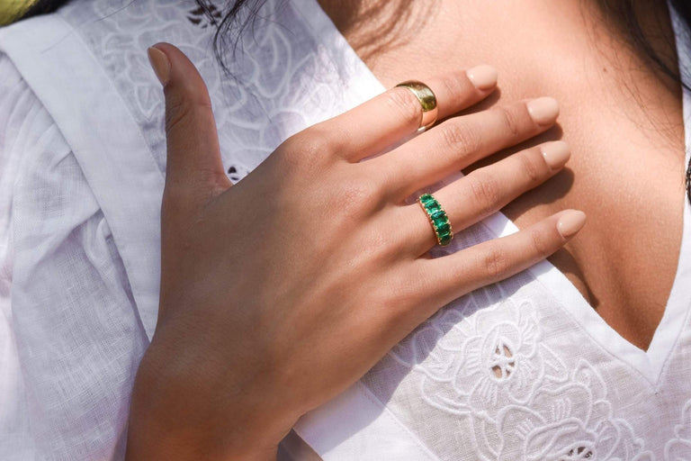 Victorian Emerald Five Stone Carved Half Hoop