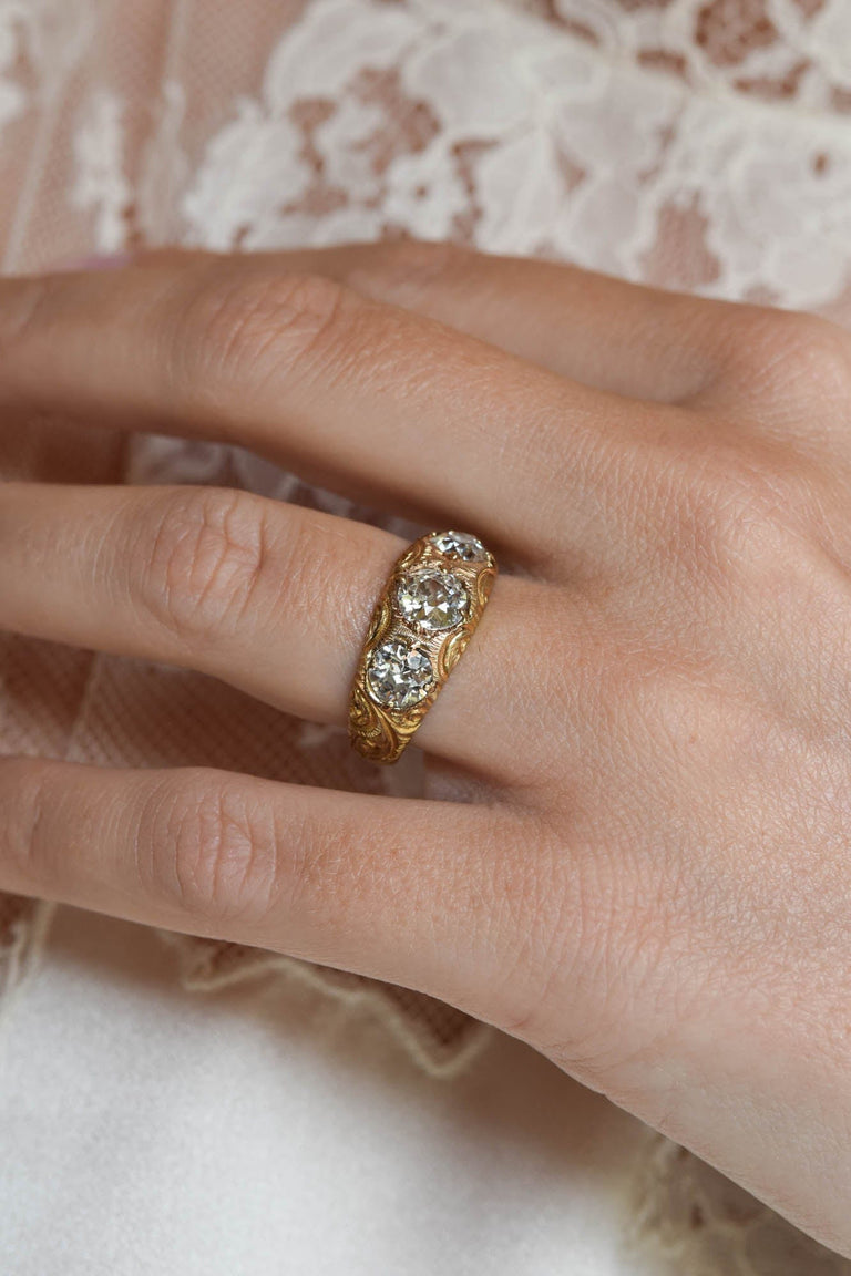 Victorian Engraved Three Stone Engagement Ring