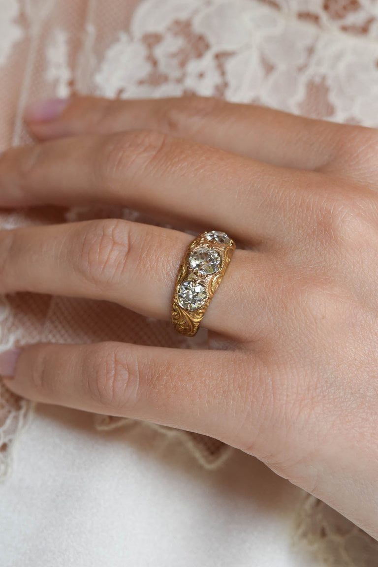 Victorian Engraved Three Stone Engagement Ring