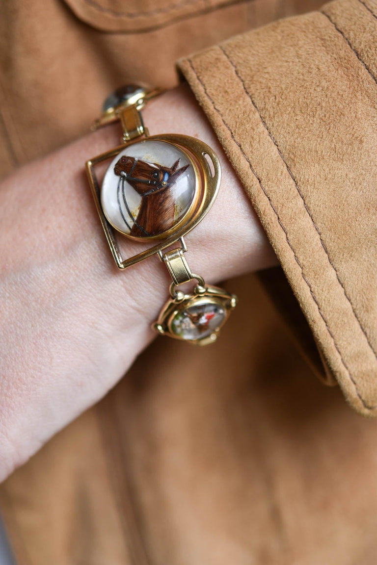Victorian Equestrian Reverse Crystal Intaglio Antique Bracelet | 14K Gold c.1880