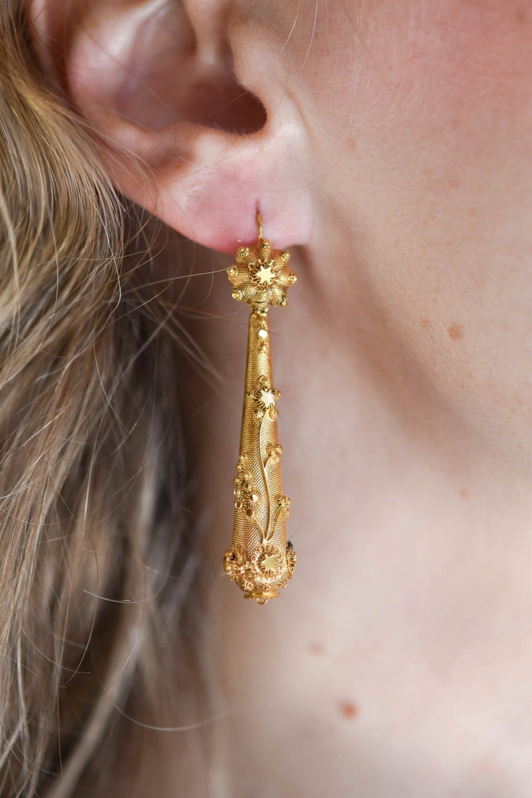 Victorian Etruscan Revival 15K Gold Dormeuse Earrings c. 1860