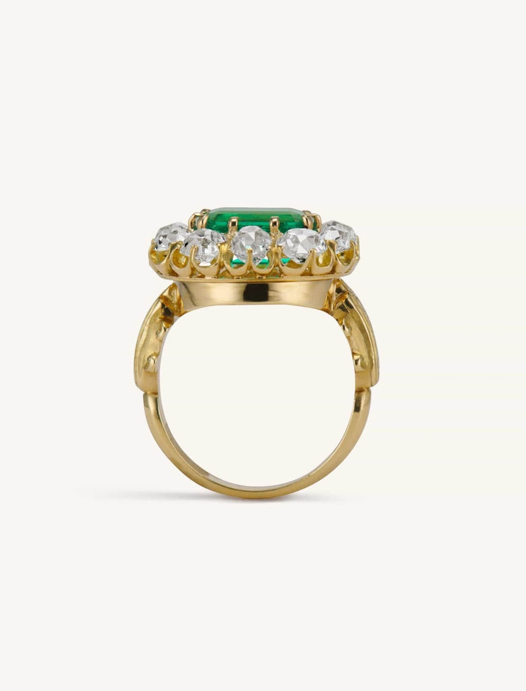 Victorian Etruscan Revival 2.01 Carat Emerald & Diamond Cluster Vintage Ring
