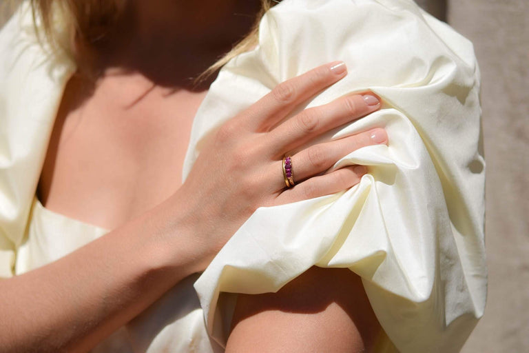 Victorian Five Stone Burmese Ruby Carved Half Hoop, England