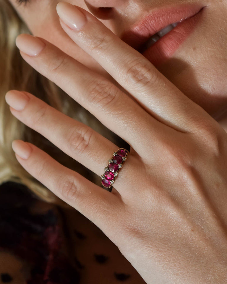 Victorian Five Stone Ruby & Rose Cut Diamond Carved Half Hoop