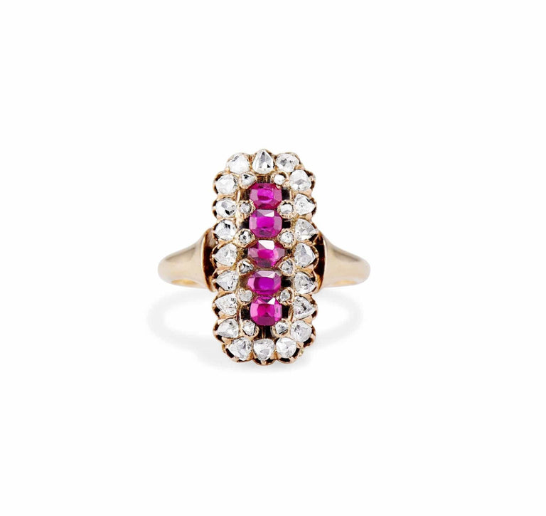 Victorian French Clustered Ruby and Diamond Elongated Ring