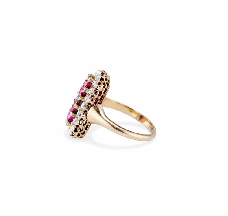 Victorian French Clustered Ruby and Diamond Elongated Ring