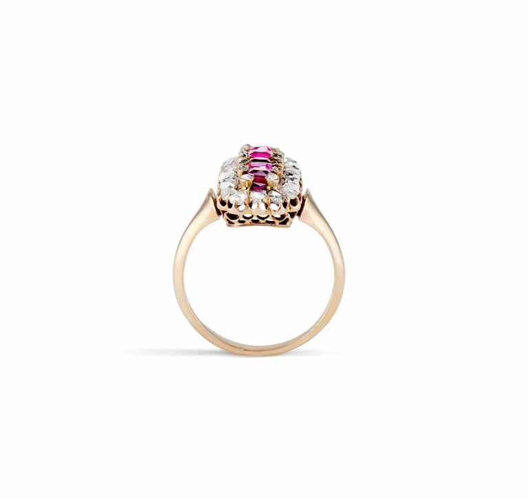 Victorian French Clustered Ruby and Diamond Elongated Ring