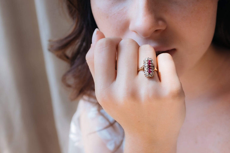Victorian French Clustered Ruby and Diamond Elongated Ring