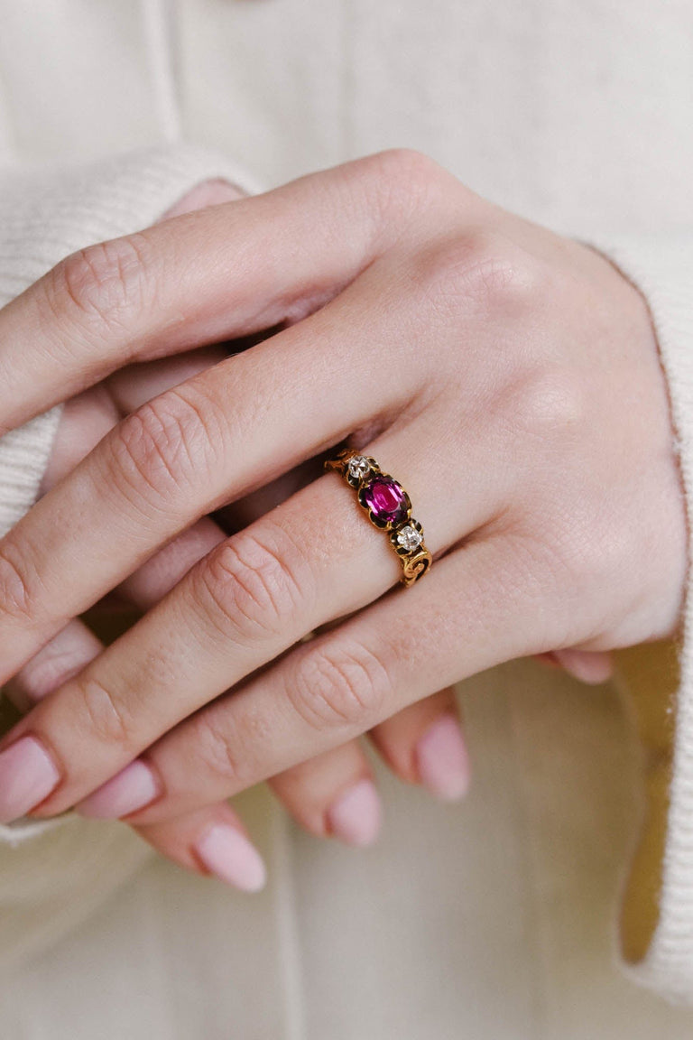 Victorian Garnet & Old Mine Diamond Three Stone Ring