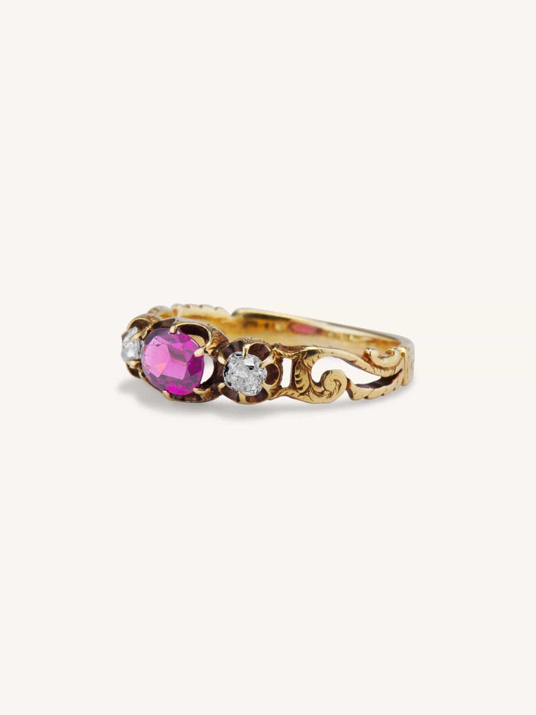 Victorian Garnet & Old Mine Diamond Three Stone Ring