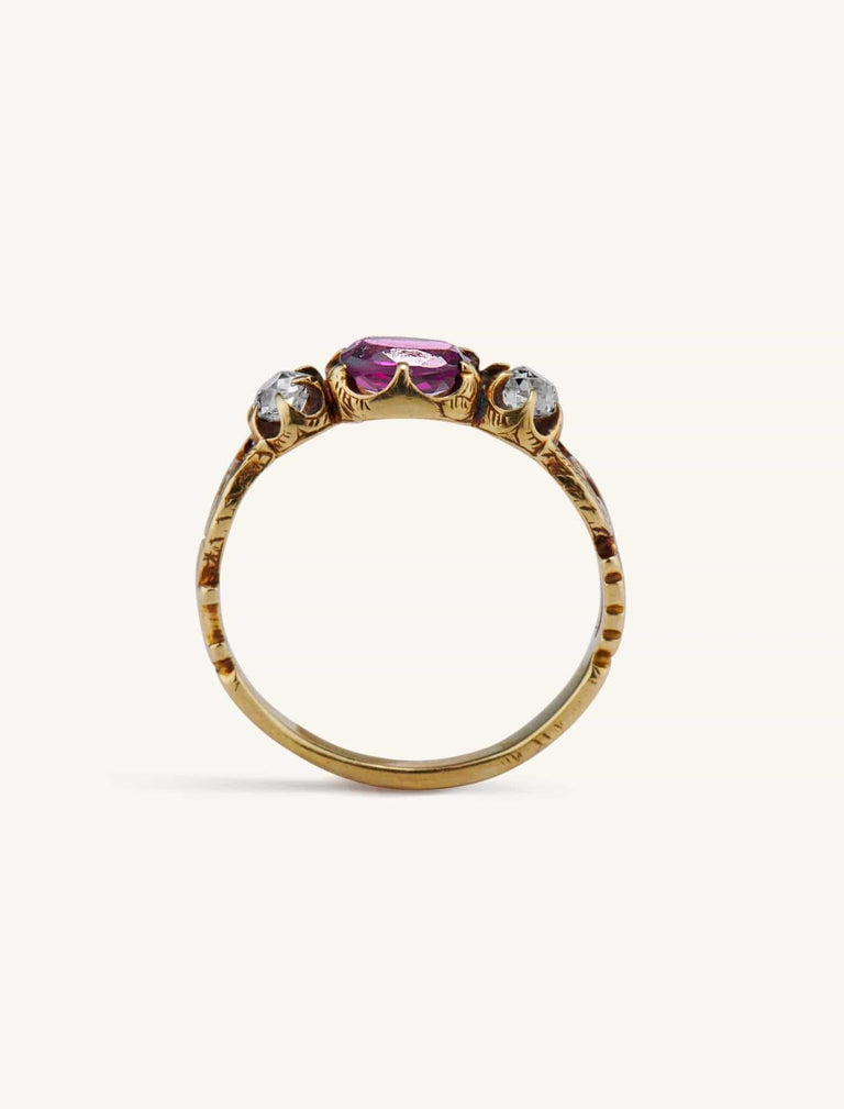 Victorian Garnet & Old Mine Diamond Three Stone Ring