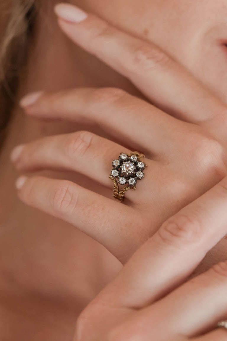 Victorian Late 19th Century Old Mine Cushion Cut Diamond Cluster Ring