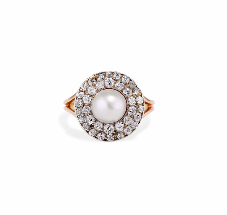 Victorian Natural Pearl and Diamond Cluster Ring