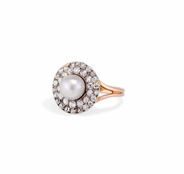 Victorian Natural Pearl and Diamond Cluster Ring