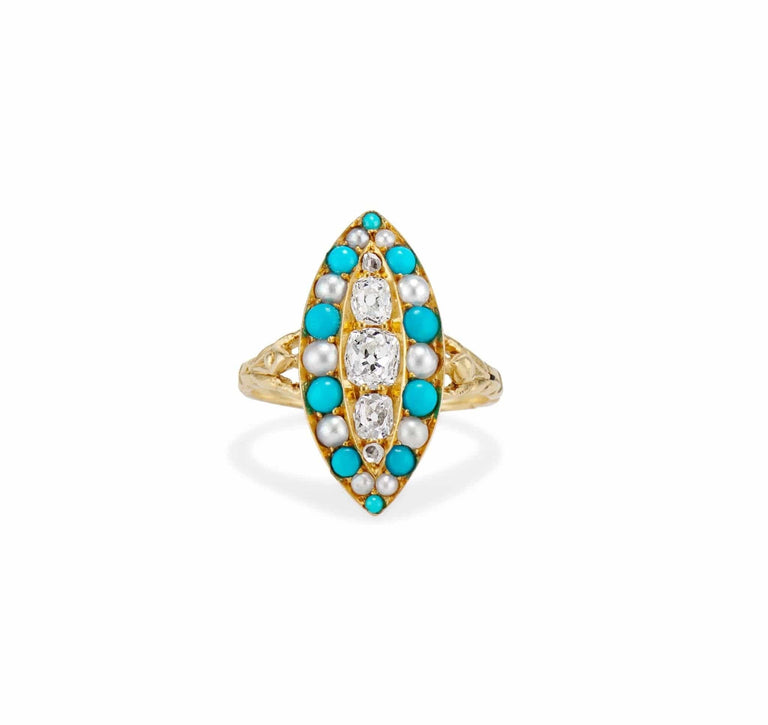 Victorian Navette Turquoise Pearl & Diamond Dinner Ring