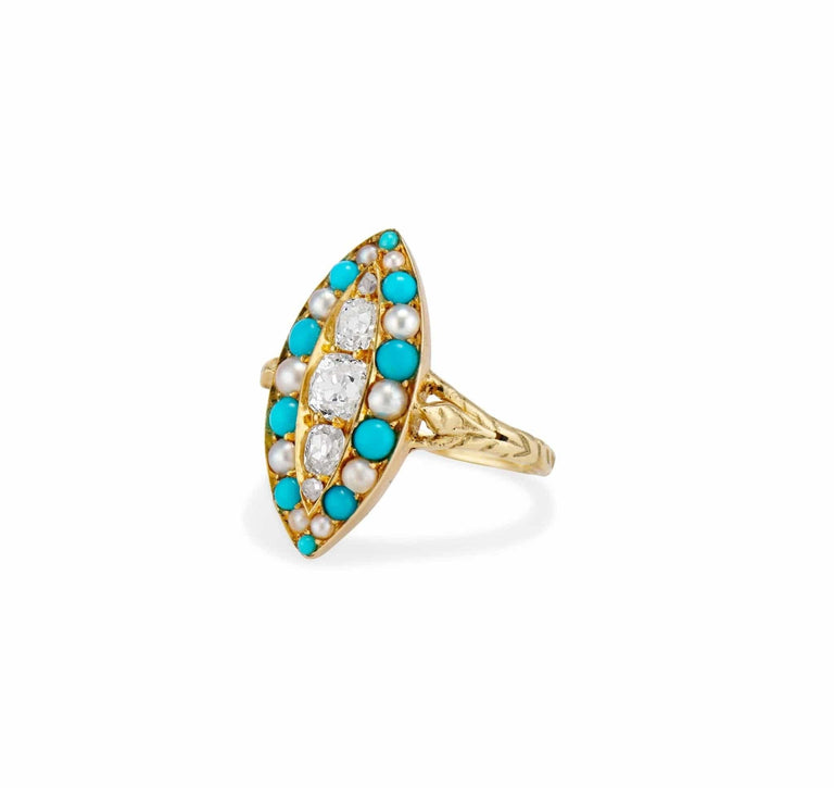 Victorian Navette Turquoise Pearl & Diamond Dinner Ring