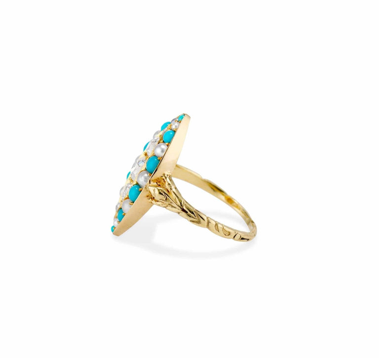 Victorian Navette Turquoise Pearl & Diamond Dinner Ring