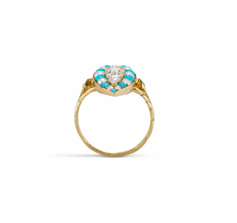 Victorian Navette Turquoise Pearl & Diamond Dinner Ring