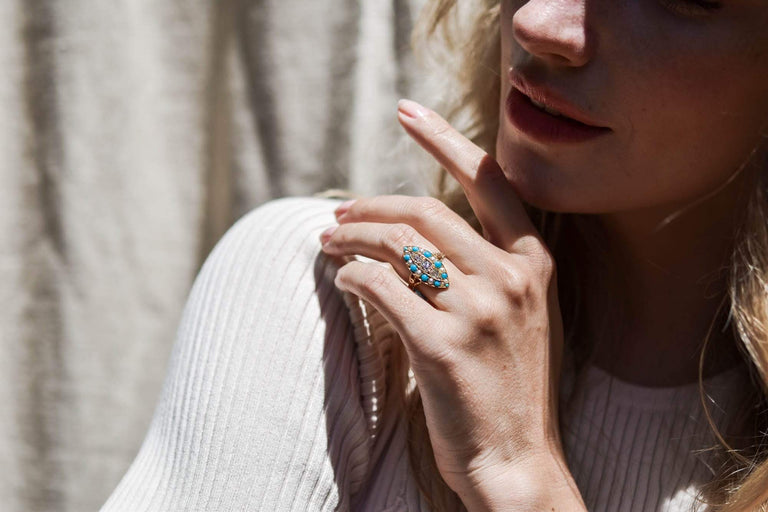 Victorian Navette Turquoise Pearl & Diamond Dinner Ring