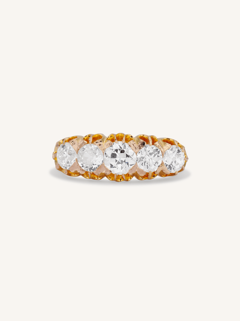 Victorian 1.56 Carat Old European Cut Diamond Five Stone Antique Carved Half Band Ring, England