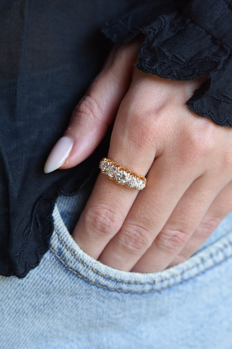 Victorian 1.56 Carat Old European Cut Diamond Five Stone Antique Carved Half Band Ring, England
