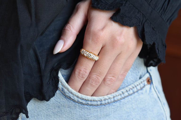 Victorian 1.56 Carat Old European Cut Diamond Five Stone Antique Carved Half Band Ring, England