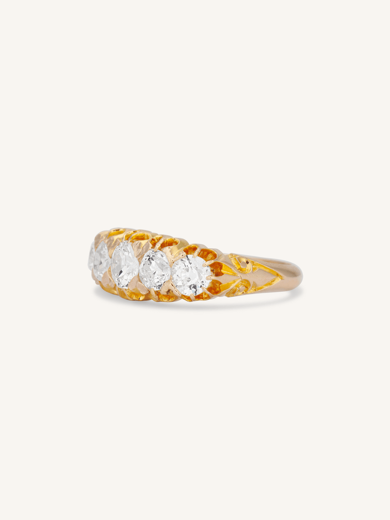 Victorian 1.56 Carat Old European Cut Diamond Five Stone Antique Carved Half Band Ring, England