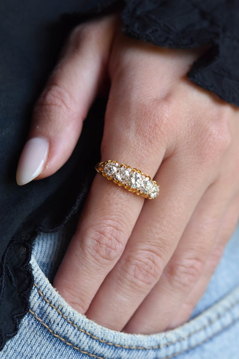 Victorian 1.56 Carat Old European Cut Diamond Five Stone Antique Carved Half Band Ring, England
