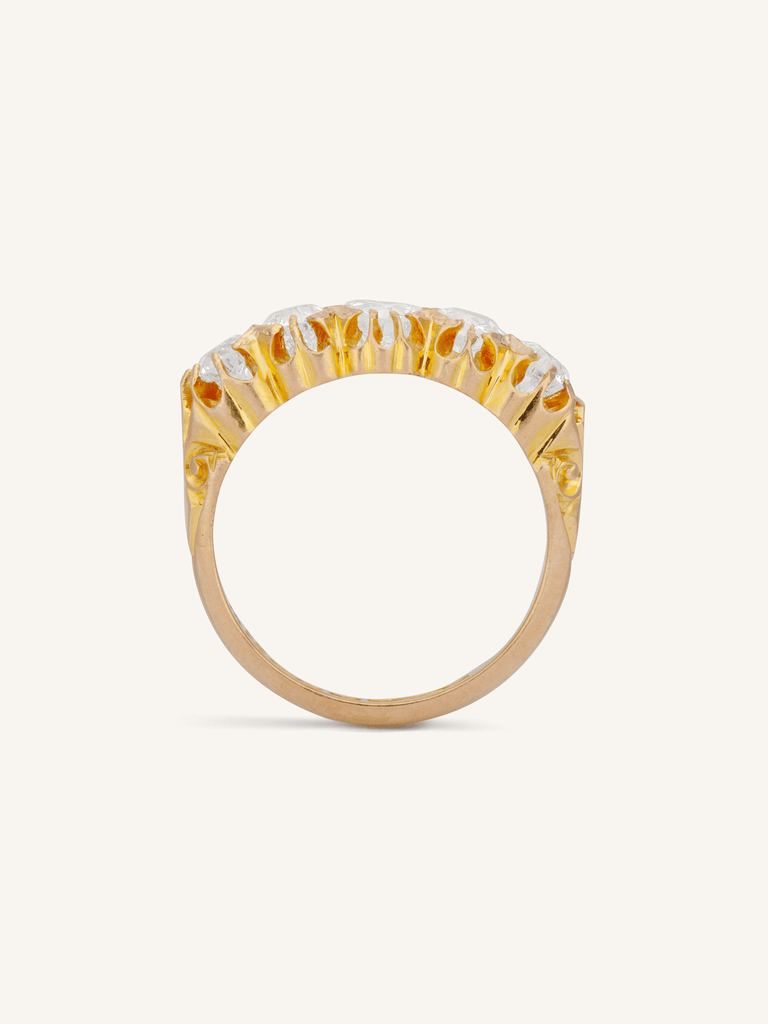 Victorian 1.56 Carat Old European Cut Diamond Five Stone Antique Carved Half Band Ring, England