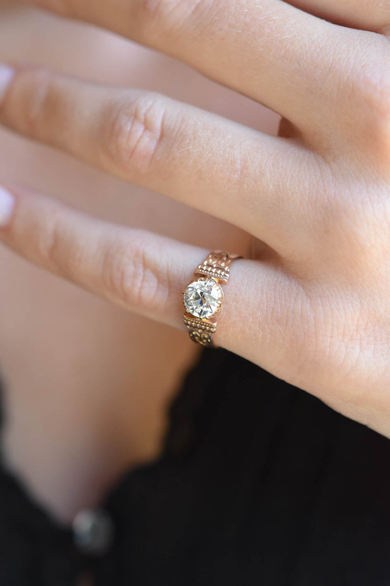 Victorian Old European Cut Diamond Engraved Gold Antique Engagement Ring