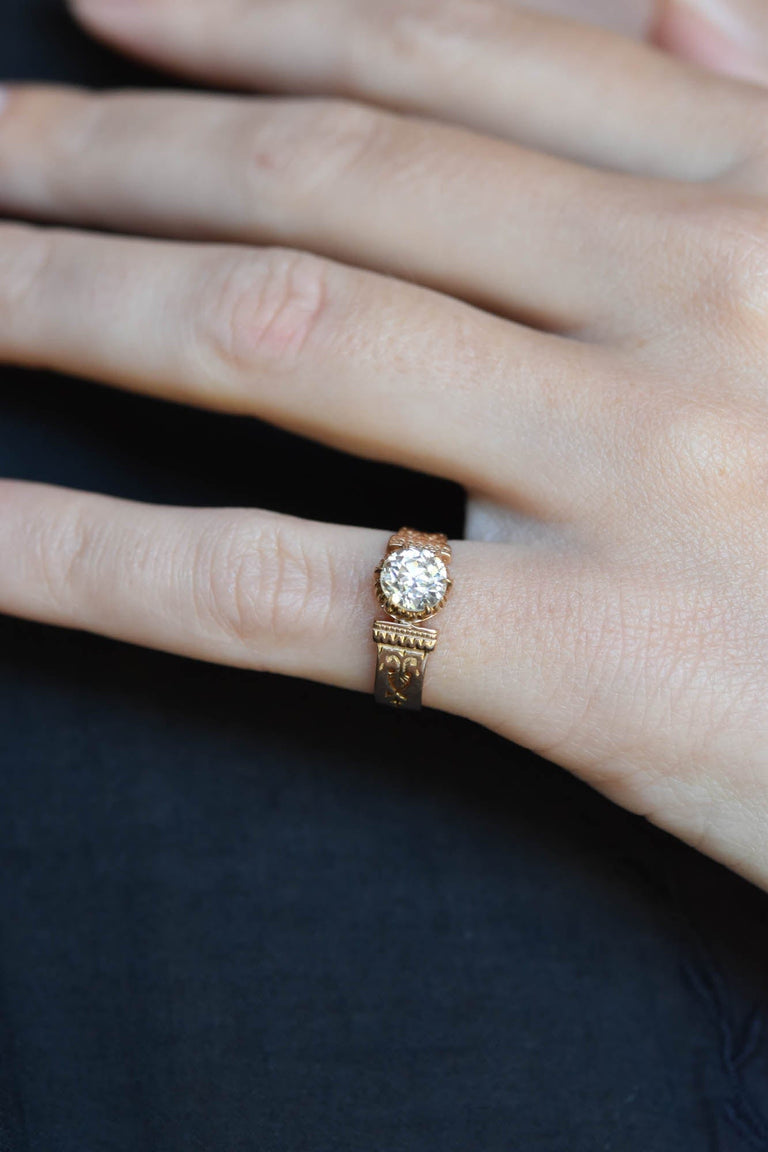 Victorian Old European Cut Diamond Engraved Gold Antique Engagement Ring