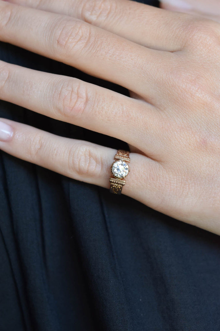 Victorian Old European Cut Diamond Engraved Gold Antique Engagement Ring