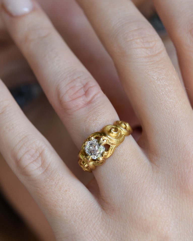 Unique Victorian 1.07 Carat Old Mine Cushion Diamond Antique Golden Spiral Ring